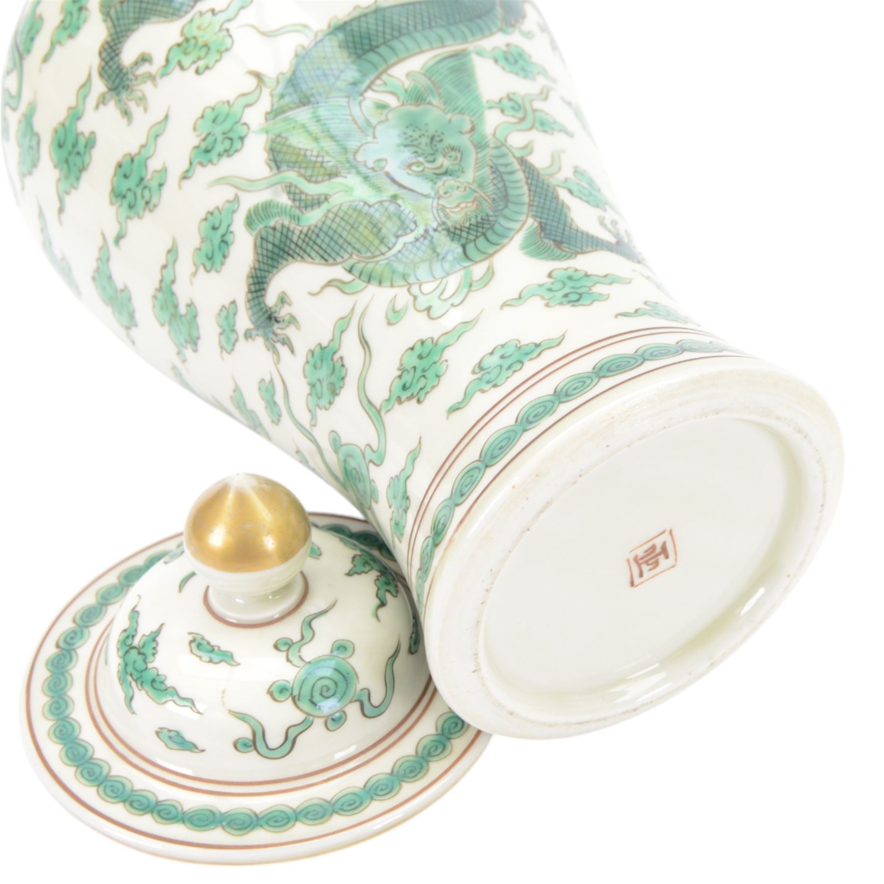 Pair of Chinese famille verte vases and covers, each of baluster form, decorated with dragons and flaming pearls amidst auspicious clouds, with mark beneath, H31cm
