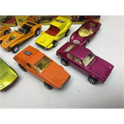 Matchbox 1-75 Series 'Superfast' ex-shop stock - eight models comprising 45c Ford Group 6, 52c Dodge Charge Mk.III, 53d Tanzara, 54c Ford Capri, 56c Pinifarina, 58d Woosh 'n' Push, 60c Lotus Super Seven and 62d Dragster; all boxed (8)