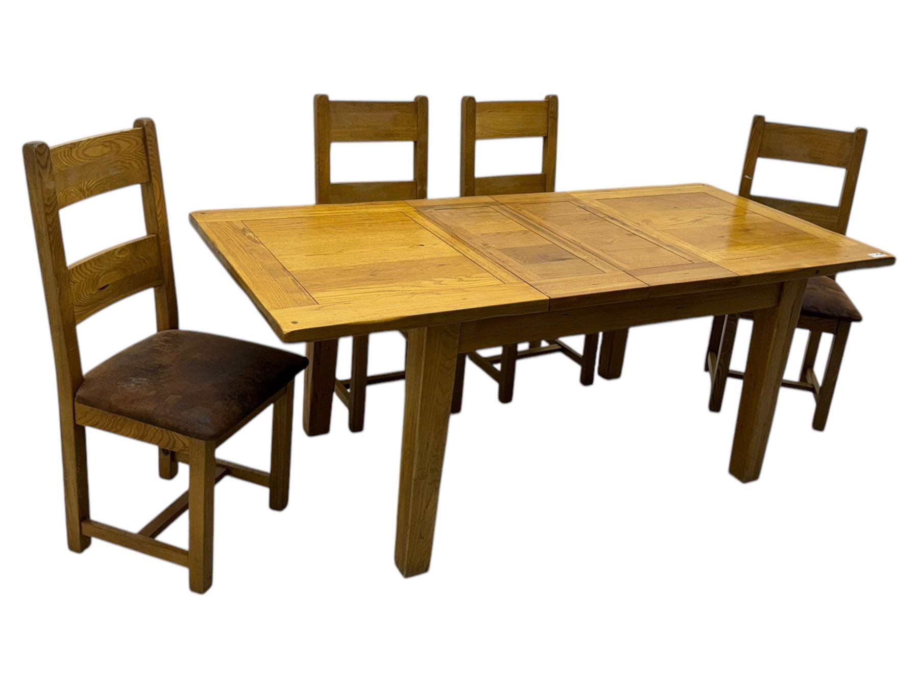 Solid oak extendable dining table and set of four matching chairs, two leaf inserts, with breadboard ends on tapered square supports (Extended length 205cm)