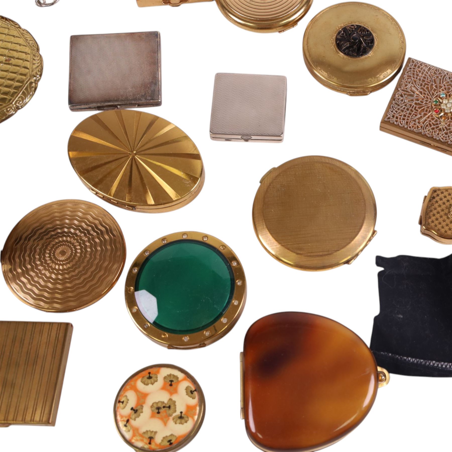 Collection of vintage compact mirrors, pill boxes and vanity cases, including Agme, Coty and Flamingo examples