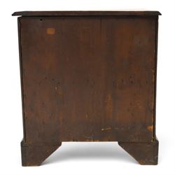 George III mahogany bachelors chest, rectangular top with moulded edge, fitted with brushing slide over two short and three long cock-beaded drawers with brass swan-neck handles, lower moulded edge on bracket feet