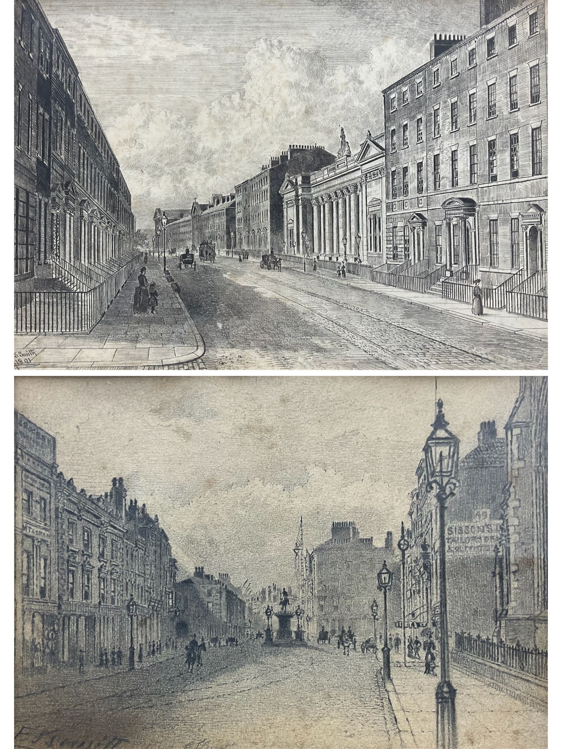Frederick Schultz Smith (Hull 1860-1925): 'Albion Street' and Market Place - Hull, two pencil drawings signed, the former dated Jan 1891, 22cm x 31cm and 8.5cm x 12cm (2) 
Notes: Born in Worthing, Sussex in 1860, F S Smith came to Hull as a small child and lived most of his life in the old St. John's Wood area in west Hull; he was still drawing in his sixties shortly before his death in 1925. Much like his near contemporary and fellow Yorkshire artist Albert Thomas Pile (1882-1981), his drawings are visual 'snapshots' in time, often produced to record buildings that were due to be demolished. Smith was commissioned to produce around three hundred drawings for C E Fewster, a paint maker in Hull who collected historical records. Some were also used as illustrations in books and newspapers, such as the Eastern Morning News, whilst others were sold to the owners of premises which he had drawn.