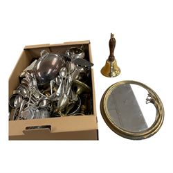 Brass Art Deco style mirror, together with a brass bell and other metalware 