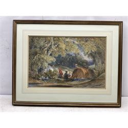 English School (19th century): Camping in the Forest, watercolour indistinctly signed 34cm x 52cm