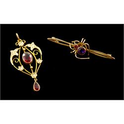 Edwardian gold garnet and seed pearl pendant and an amethyst spider bar brooch, both stamped 9ct