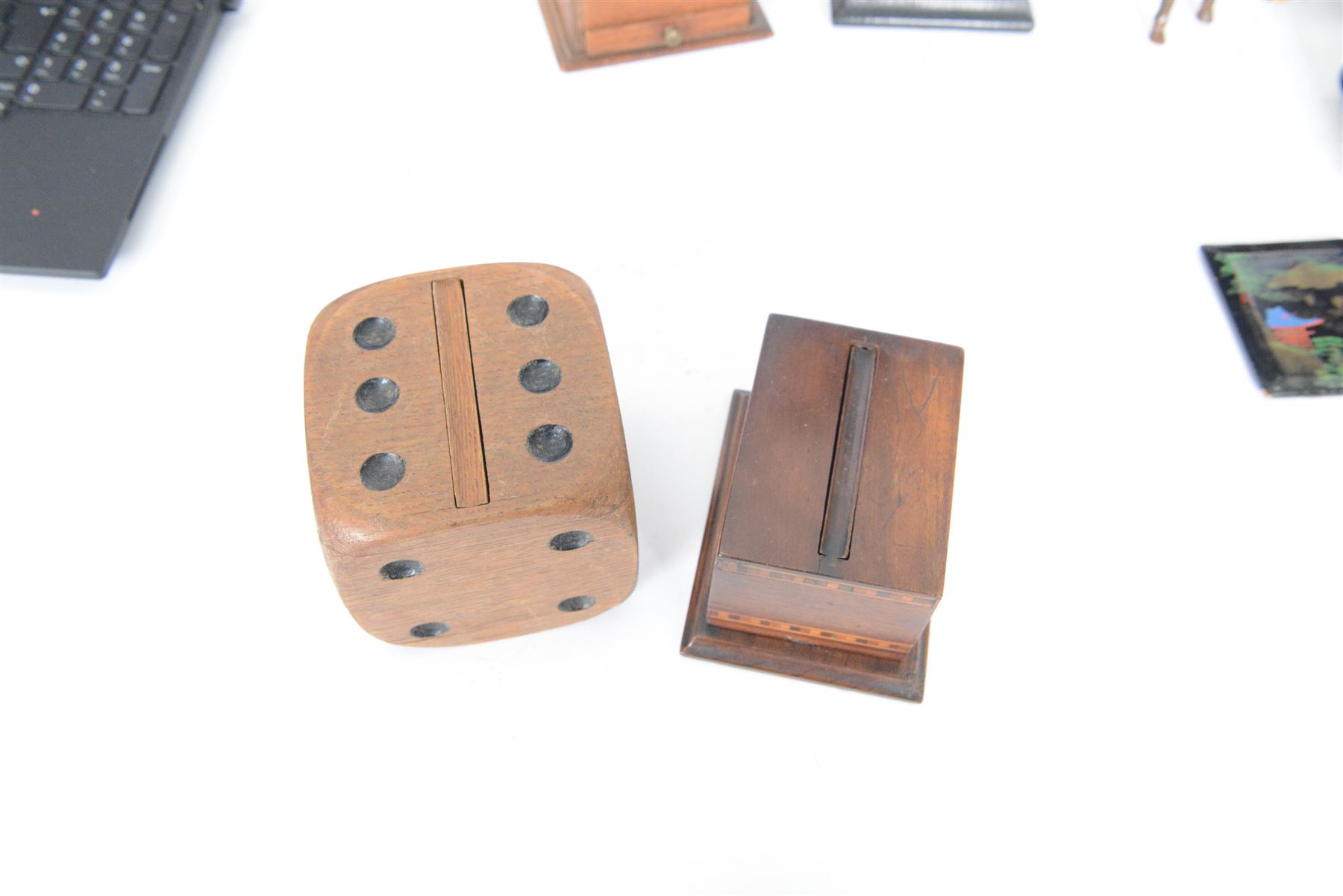 Collection of early 20th century and later novelty cigarette dispensers, including Japanese marquetry example, Players Navy Cut box, dice design etc  