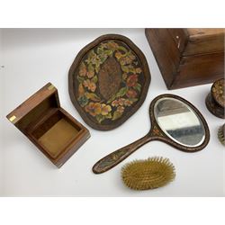 Folk art style dressing table set to include tray, mirror, brush etc, together with pair of wooden tulip vases, large wooden box etc 