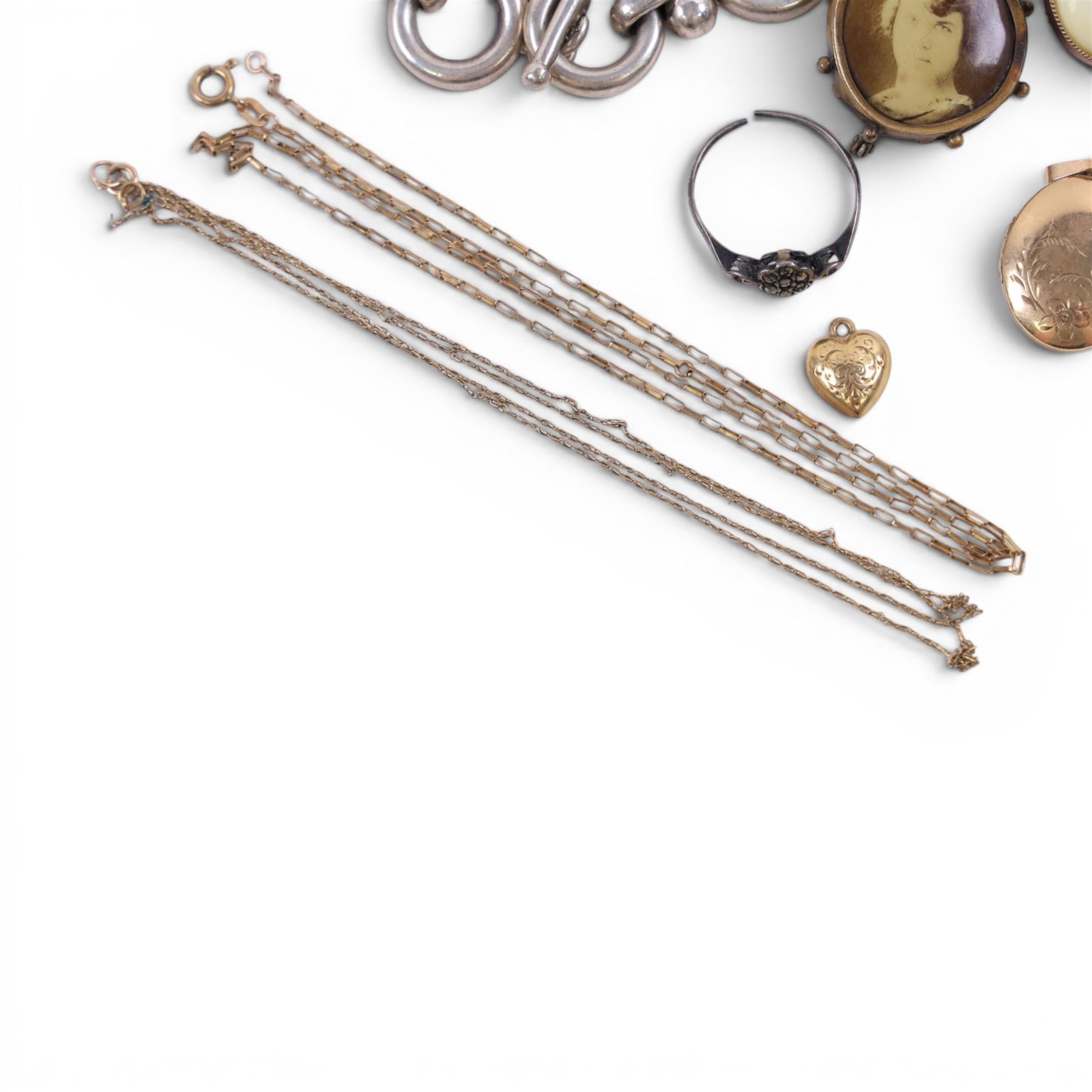 9ct gold jewellery, comprising heart charm, locket and two chains, silver chunky bracelet and costume jewellery