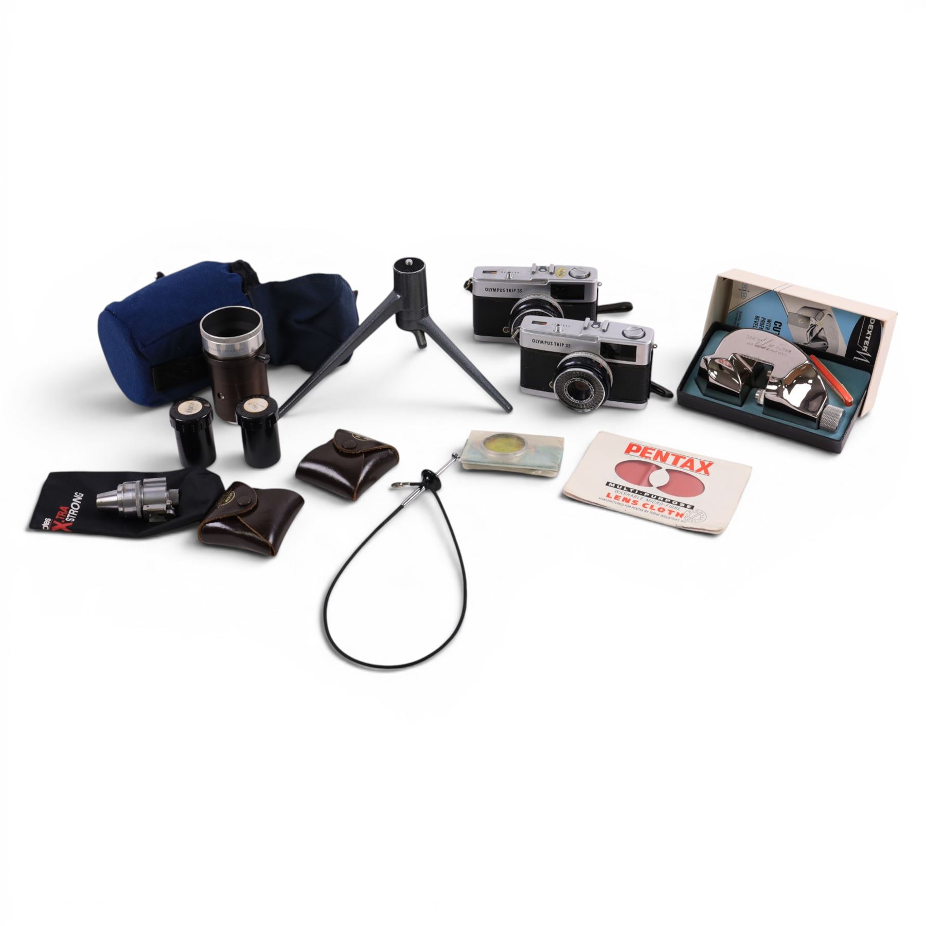 Camera accessories including Leitz projector lens, etc and two Olympus trip 35mm cameras
