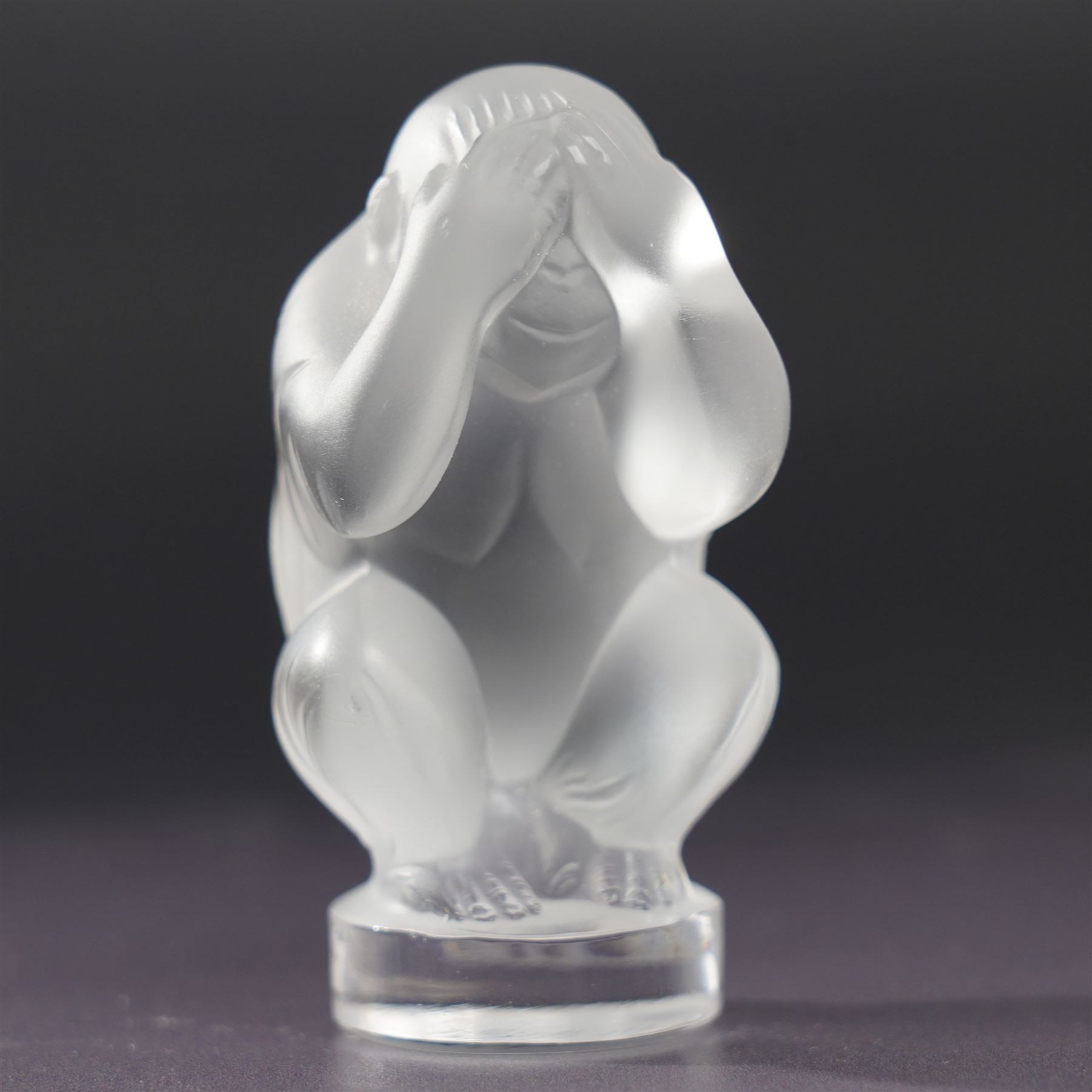 Set of three Lalique frosted glass monkey ornaments 'See no Evil