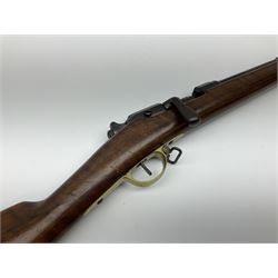 French Model 1866 Chassepot 11mm bolt-action needle fire rifle, the 70.5cm barrel stamped with various proof marks, the action inscribed 'Manufacture D'Armes St. Etienne Mle 1866-74', walnut full stock with brass mounts, stock stamped 8798, under barrel ramrod and two sling swivels L117cm