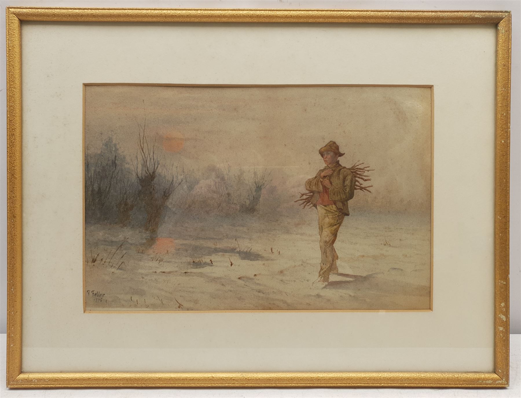 Frank Feller (British 1848-1908): Returning Home with Firewood at Sunset, watercolour signed and dated 1876, 23cm x 35cm