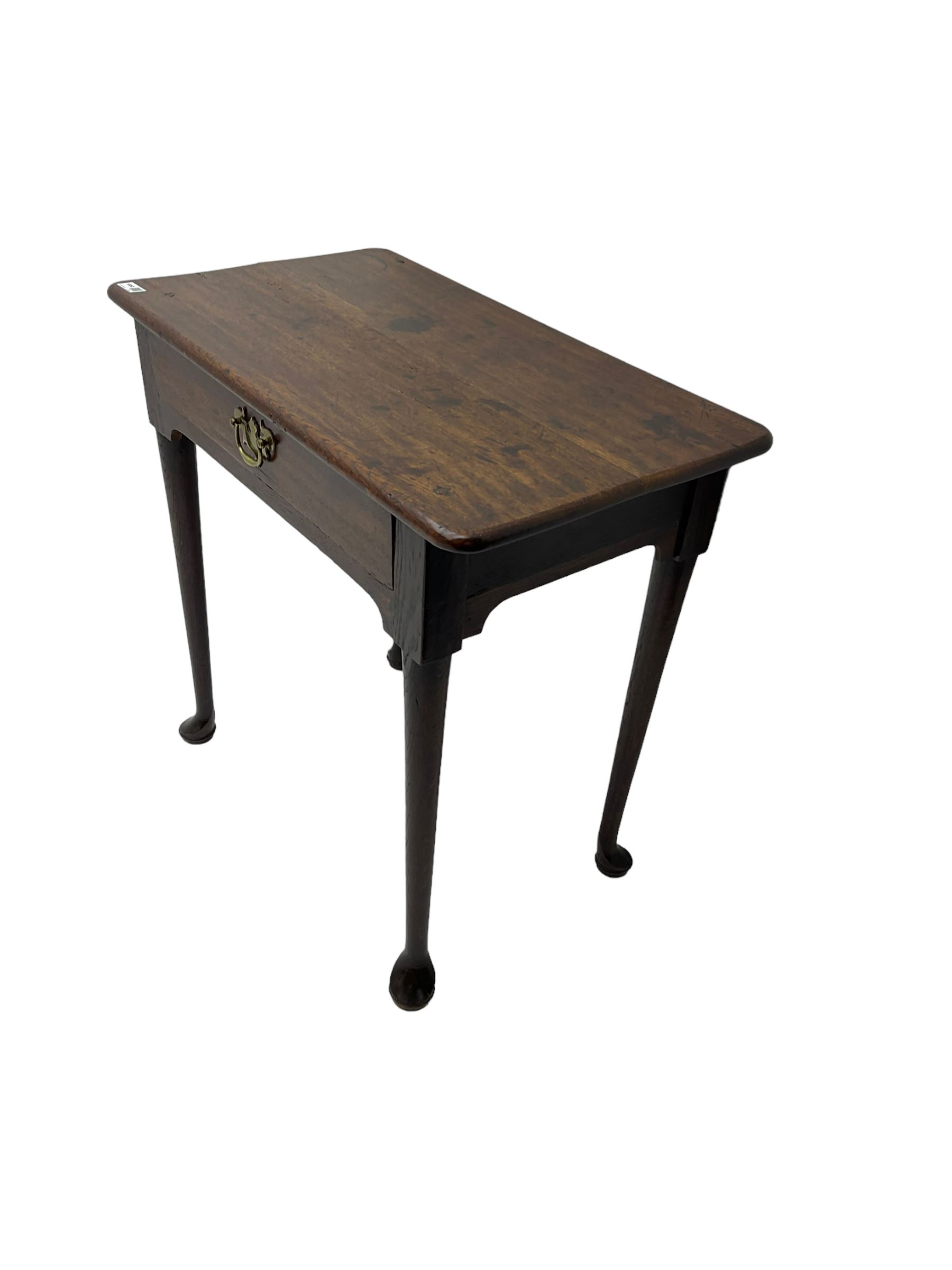 George III oak low boy, fitted with single drawer, raised on tapered supports with pad feet