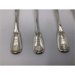 George IV Scottish silver Kings pattern cutlery for six place settings, to include table spoons, table forks, dessert spoons and dessert forks, all engraved with shamrock crest to terminal, hallmarked Robert Gray & Son, Glasgow 1833