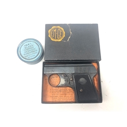  EM-GE top vent black finish starting pistol, with instructions in original box with a tin of 100 No.1 blank cartridges (2)  