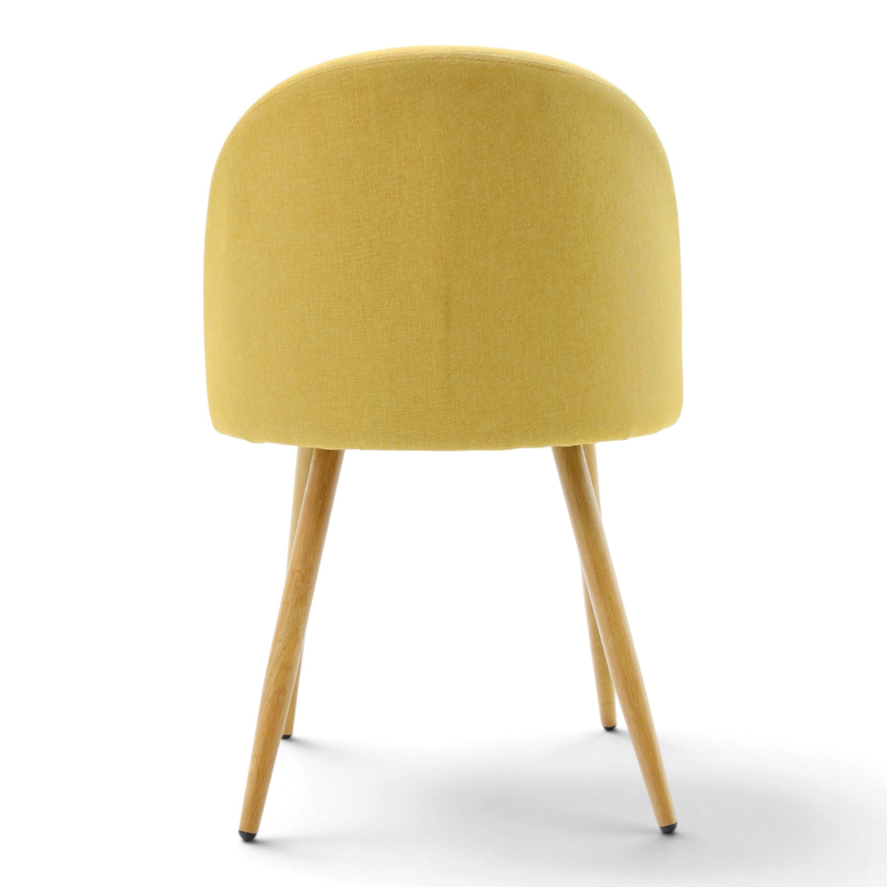 Set of four contemporary yellow upholstered dining chairs, with wrap around back with quilted stitching, padded seat raised on light oak tapering supports 