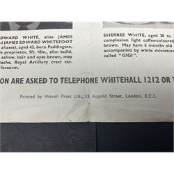 Great Train Robbery; Metropolitan Police printed poster, 'The Assistance of the public is sought to trace the whereabouts of the after described persons .....', printed by Wavell Press Ltd, 1963
Provenance by vendor repute: The poster was given to the vendor in 1985 by a colleague who was previously a detective sergeant of the Metropolitan Police, who had as a junior officer and worked on the case  of the Great Train Robbery. The hand written dates they were written on the poster when they were arrested   
