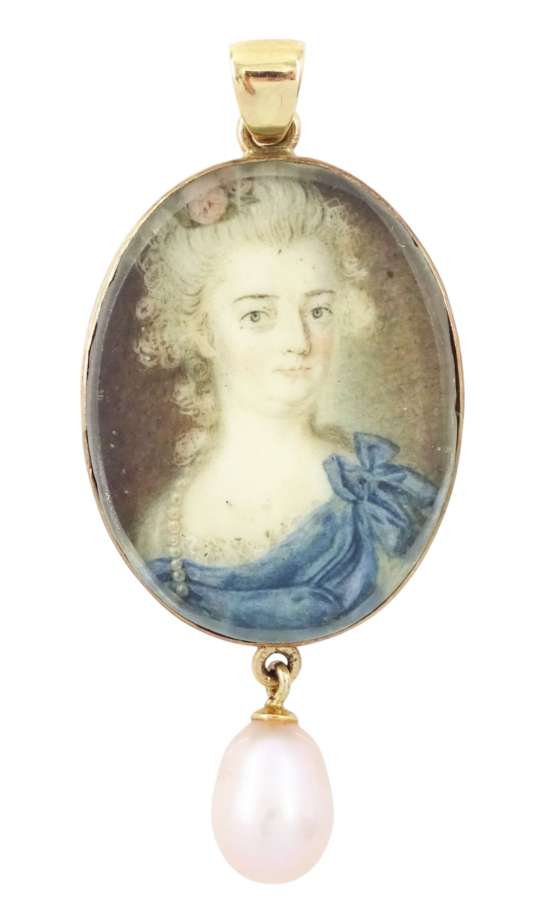 18th/ 19th century portrait pendant, set with an oval miniature of a woman wearing a blue dress on ivory, suspending a pearl drop. 
This lot has been registered for sale under Section 10 of the APHA Ivory Act
