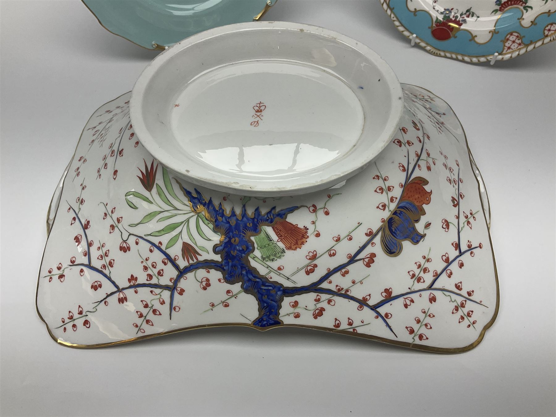 19th century Royal Crown Derby in cherry tree pattern, twin handled sauce dish and saucer and twin handled dish, together with three Royal Crown Derby plates, including one signed WEJ Dean