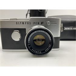 Olympus Pen FV camera body, serial no. 120981, with 'Olympus F.Zuiko Auto-S 1:1.8 f=38mm' lens, serial no. 251523, 'Olympus Zuiko Auto-zoom1:3.5 f=50-90mm, serial no. 135752 and clip on shoe