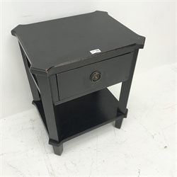 Ebonised lamp table, single drawer, square tapering supports, W50cm, H61cm, D40cm 