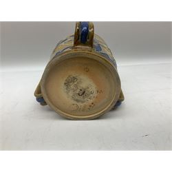 Mark V Marshall (1879-1912) for Doulton Lambeth stoneware tyg, decorated with stylised flowers  in blue upon a buff ground, with impressed marks beneath, H15cm