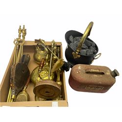 Brass fire dogs, together with spirit kettle, fireside tools, coal bucket etc. 
