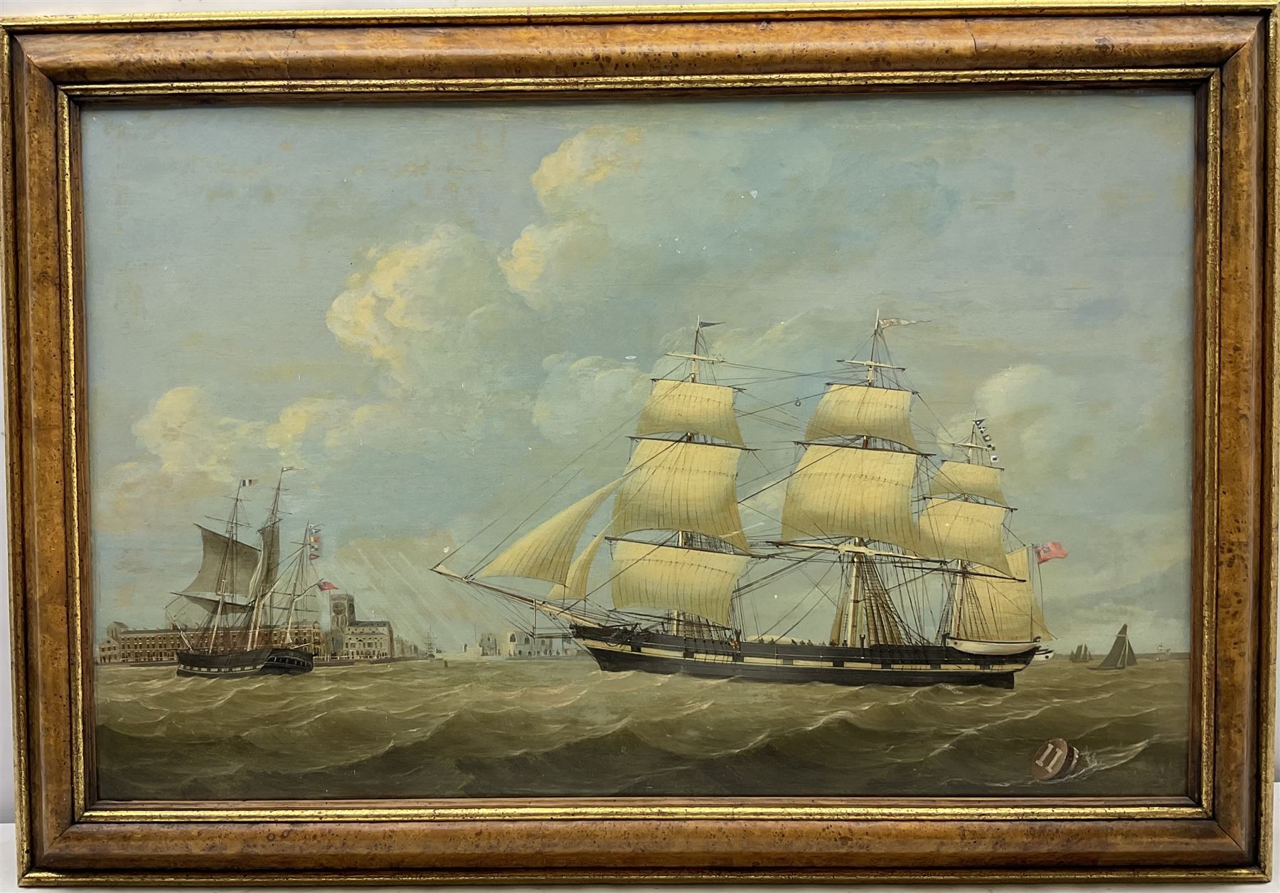 William Griffin of Hull (British fl.1837-1883): 'Whaling Ships Jane and Harmony off the Port of Hull with Holy Trinity Church in the distance', oil on panel signed and indistinctly dated 1837 l.l., labelled verso with history of ships 50cm x 79cm
Provenance: private collection purchased Christies 26th May 2004 Lot 603; with Colin Denny Ltd. Specialists in marine works of Art, Chelsea Green, London; probably painted to celebrate the end of the Jane's whaling career and the survival of both vessels from the severe conditions of the 1836 season where the 'Middleton' was wrecked, the 'Jane' was known as a Bethel ship having frequent religious services on board conducted the mate/preacher Stephen Wilson. Illustrated in Marine Painting in Hull Through Three Centuries' by Arthur Credland pub. Hull City Museums 1993, pp. 168