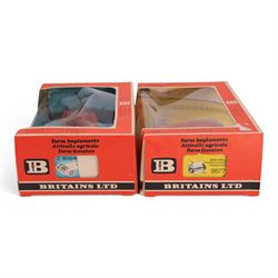 Britains Ltd 1:32 scale farm implements, comprising no. 9556 Hay Baler, no. 9549 Manure Spreader, no. 9553 Disc Harrow, no. 9557 Bale Sledge, no. 9577 Seed Drill, no. 9561 Cultivator Herse, no. 9546 Ploughs and no. 9558 Wheeled Trailer, all boxed