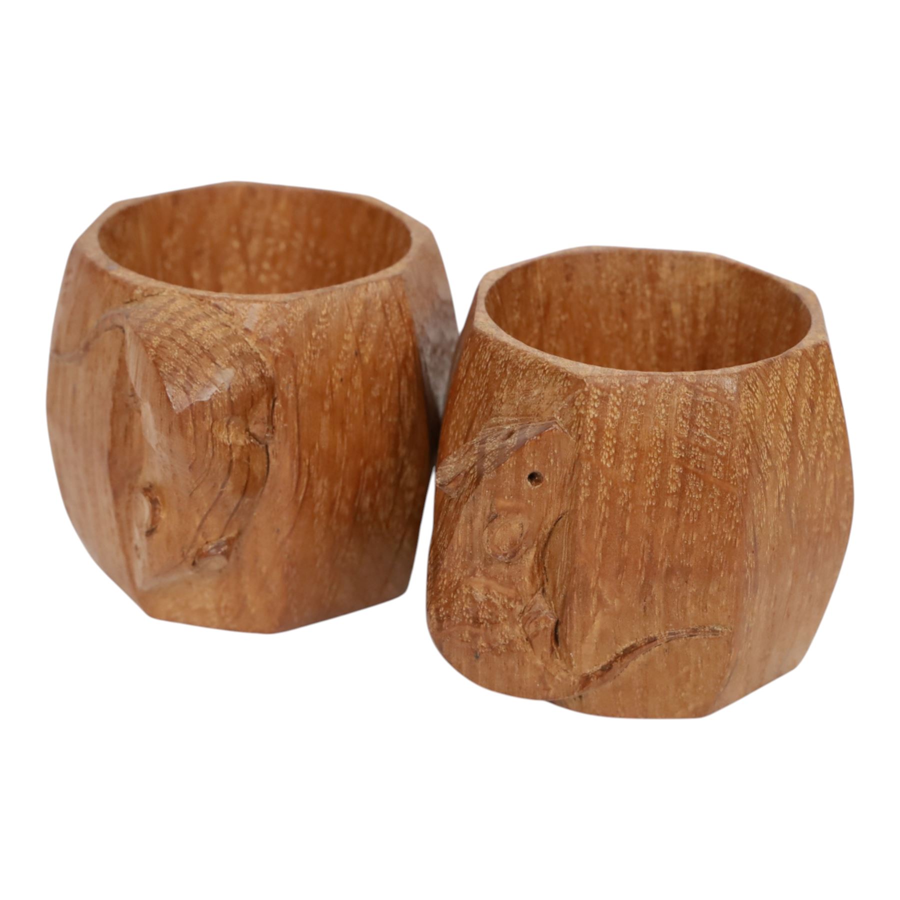 Mouseman - pair of dark oak napkin rings, of bulbous octagonal form with signature mouse carving by Robert Thompson of Kilburn
