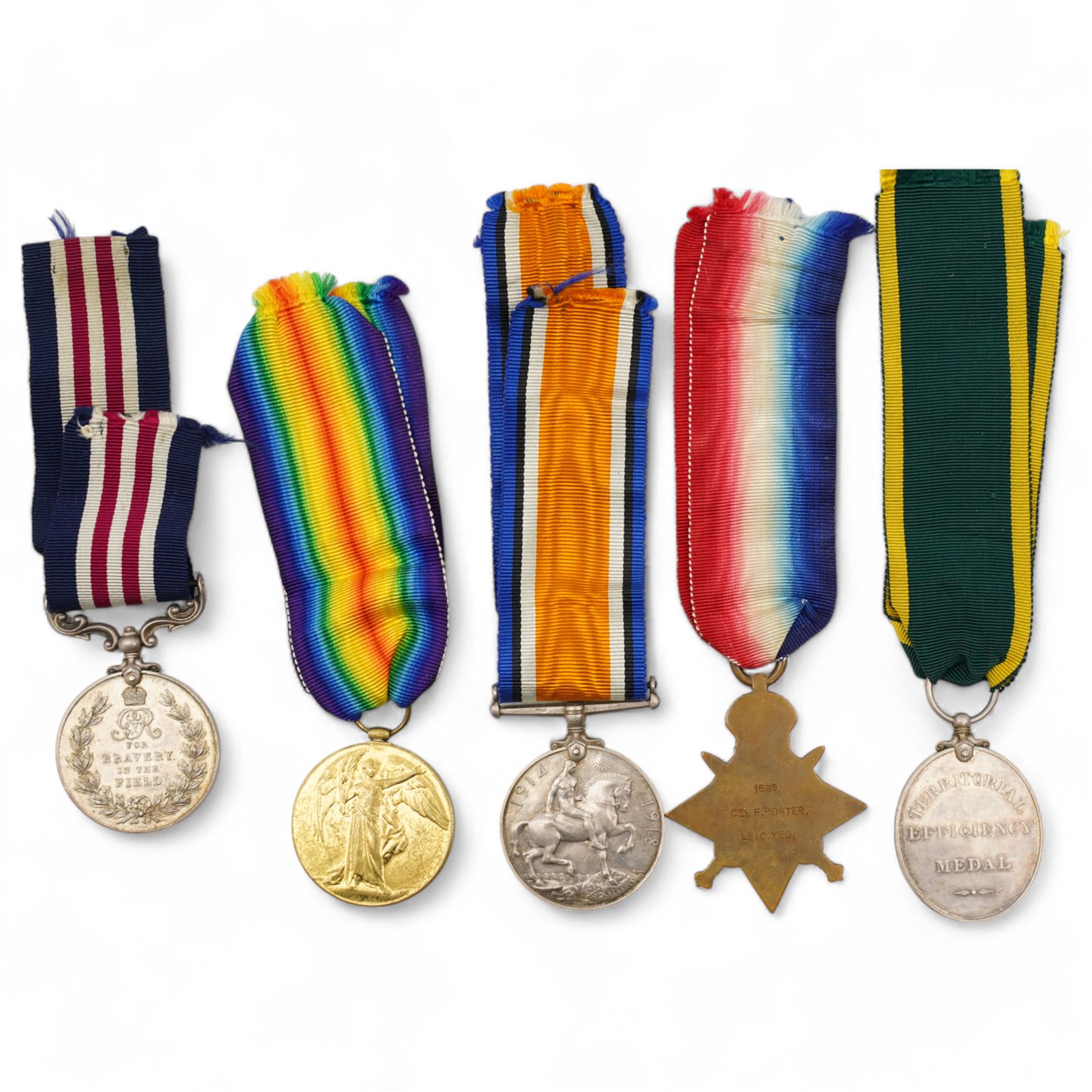 Group of WWI medals to 1686 Cpl F Porter Leic. Yeo. including War, Victory and Military medals and Territorial Efficiency Medal in Princess Mary gift tin with disembodied certificate as Sergeant 1919 etc