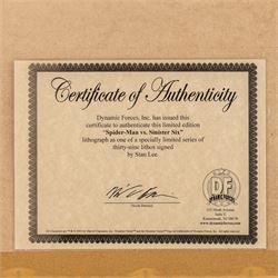 Limited edition signed lithograph 'Spider-Man vs. Sinister Six' signed by Stan Lee, artwork by Jae Lee, limited edition no. 2 of 39, framed with Dynamic Forces certificate of authenticity, artwork H37.5cm, W50cm