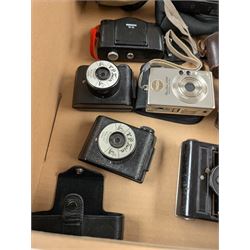 Collection of vintage cameras, including two V Twin with Bloomed Belco Lens, Ensign Ful Vue, Ranjar No. 6, CME Comet S, etc together with two Canon Powershot Digital cameras models S230 and S70