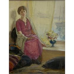Ernest Borough Johnson (British 1866-1944): Lady in Pink with Harbour View through the Window, watercolour signed 44cm x 34cm