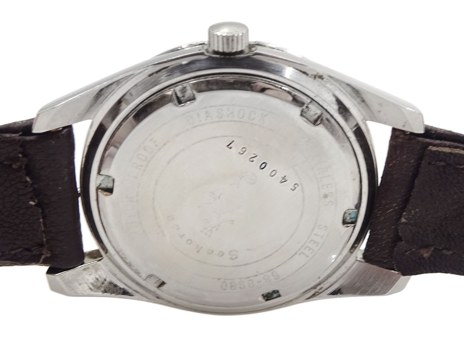 Two Seiko Seahorse gentleman's stainless steel manual wind wristwatch's, one with date aperture, both on leather straps