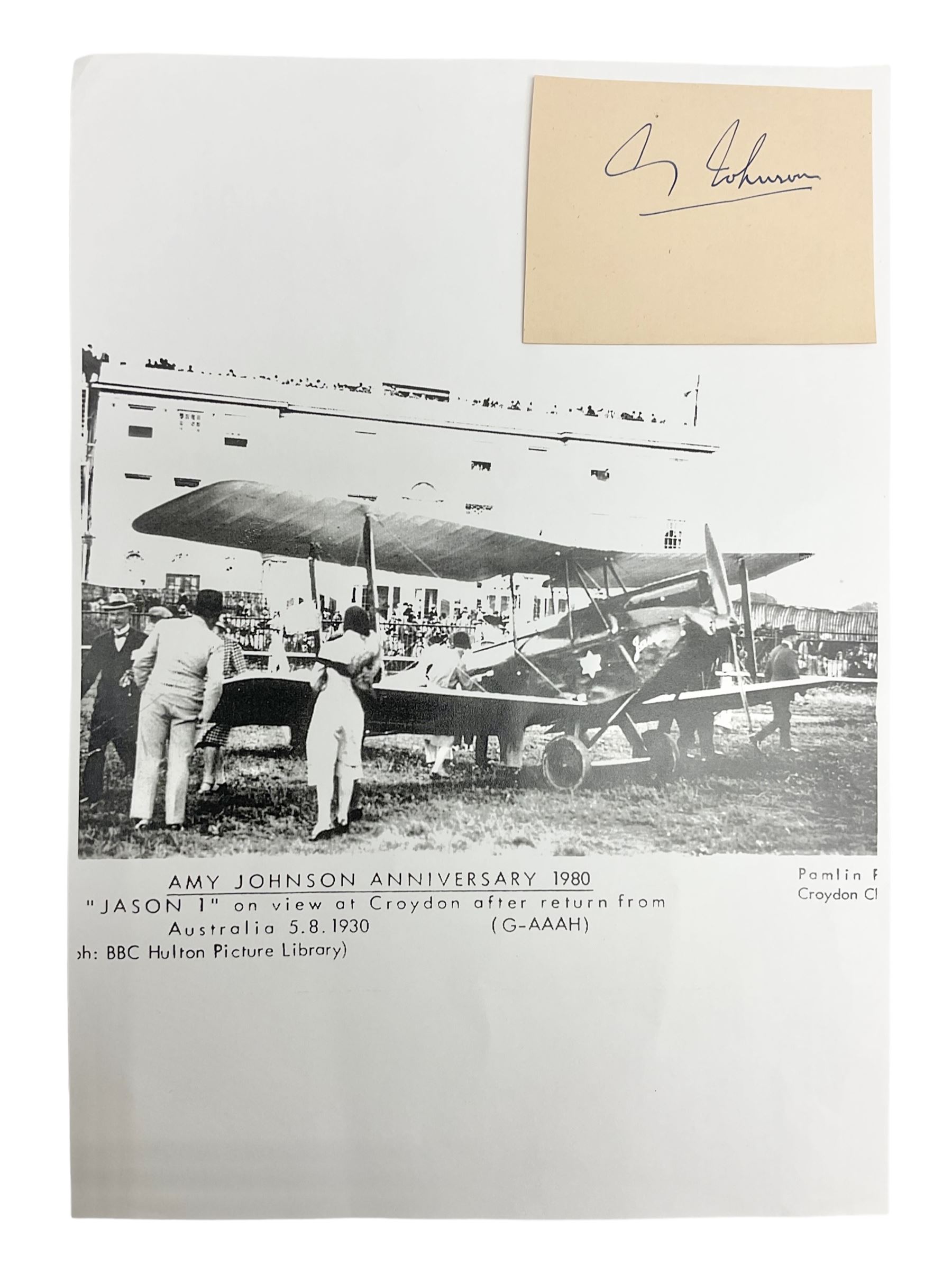 Amy Johnson (1903-1941) English Pioneer Aviatrix - signature on clipped album page; with CoA and photocopied image of 'Jason 1'; 6.5 x 8.5cm