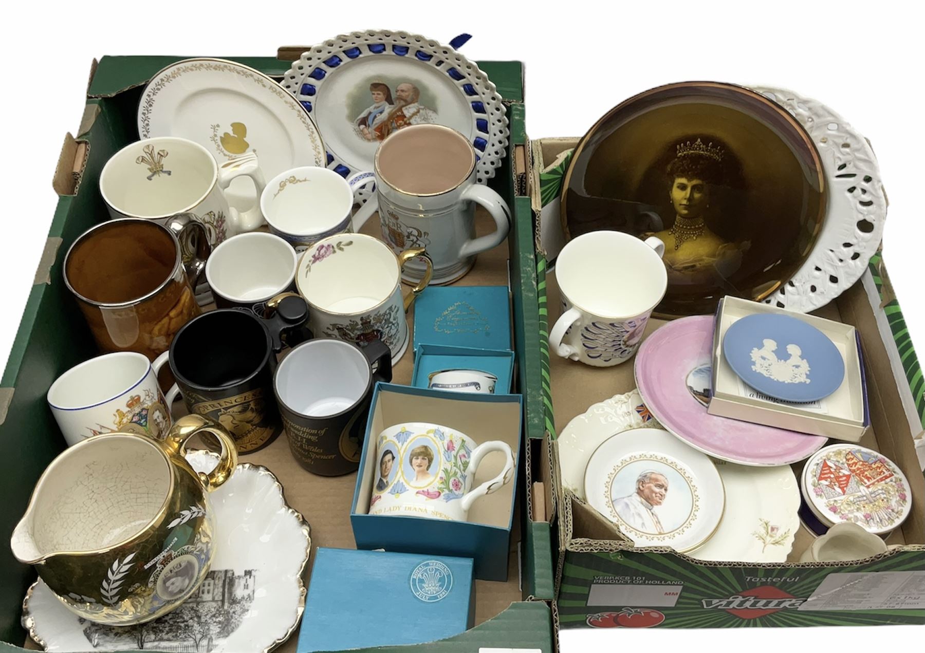 Commemorative ware ceramics to include Portmeirion 'A year to Remember' Royal Wedding mug, Ridgways George VI tankard, Hornsea Charles and Diana mug and a quantity of other commemorative mugs and plates etc in two boxes