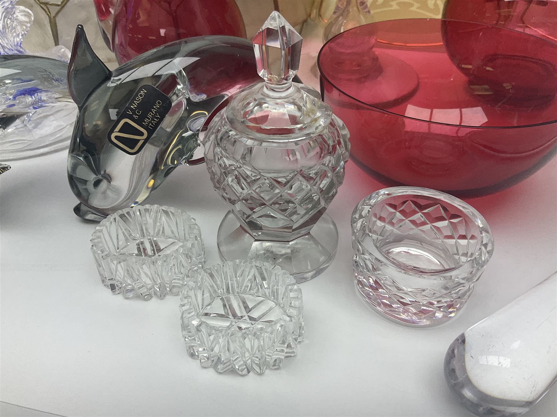 Pair of V Nason & Co murano glass dolphins together with to other glass figures and cranberry glass and lampshades  
