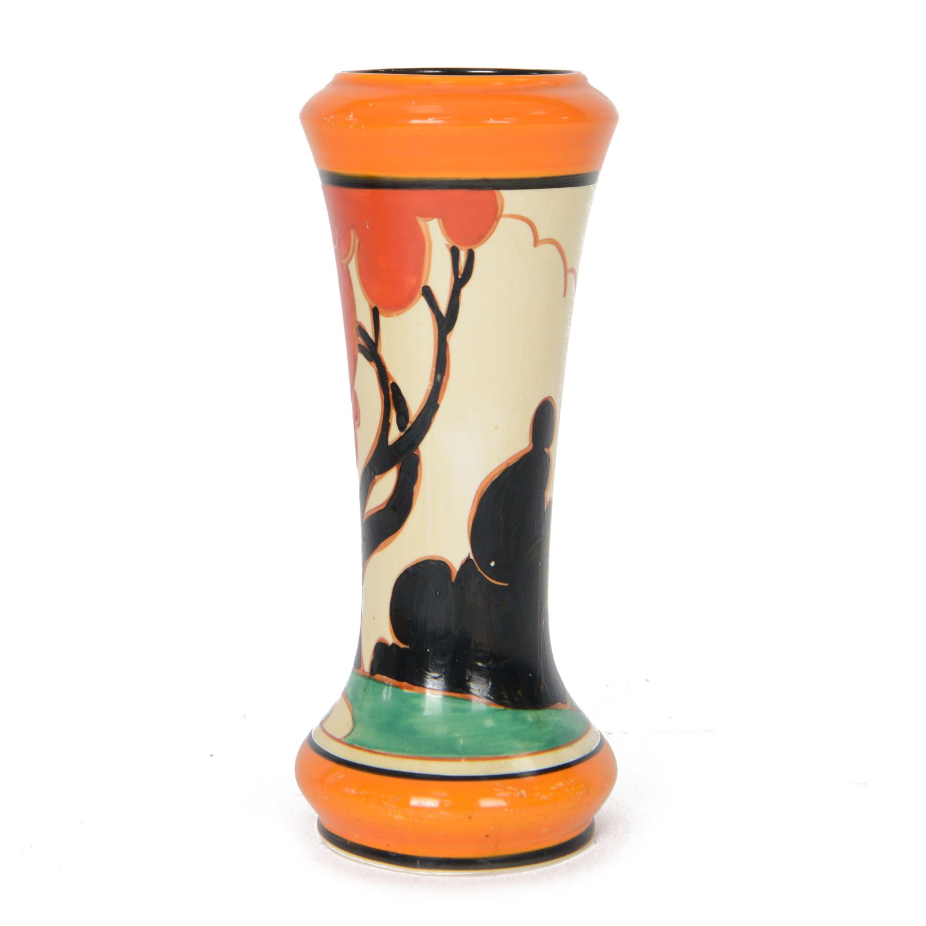 Clarice Cliff Red Autumn vase, shape 187, circa 1930 hand painted with a stylised tree and cottage landscape in red, black and green with orange and black banding, FANTASQUE and Bizarre mark beneath, H22cm