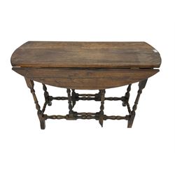 17th century design oak oval drop leaf table, fitted with drawer to each end, gate-leg action base on turned supports with shaped block feet