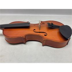 Stentor Student violin with 36cm two-piece back and spruce top, bears label 'The Stentor Student II No.1117807' L59cm; and another similar student's violin by Palatino (2)