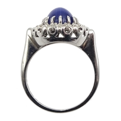 White gold star sapphire and diamond cluster ring, stamped 14K
