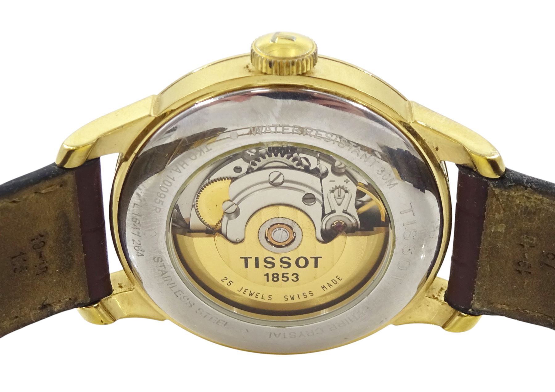 Tissot le Locle gentleman's stainless steel and gold-plated automatic wristwatch, Ref. L164/264, white dial with Arabic hour markers and date aperture, on original brown leather strap, with fold-over clasp