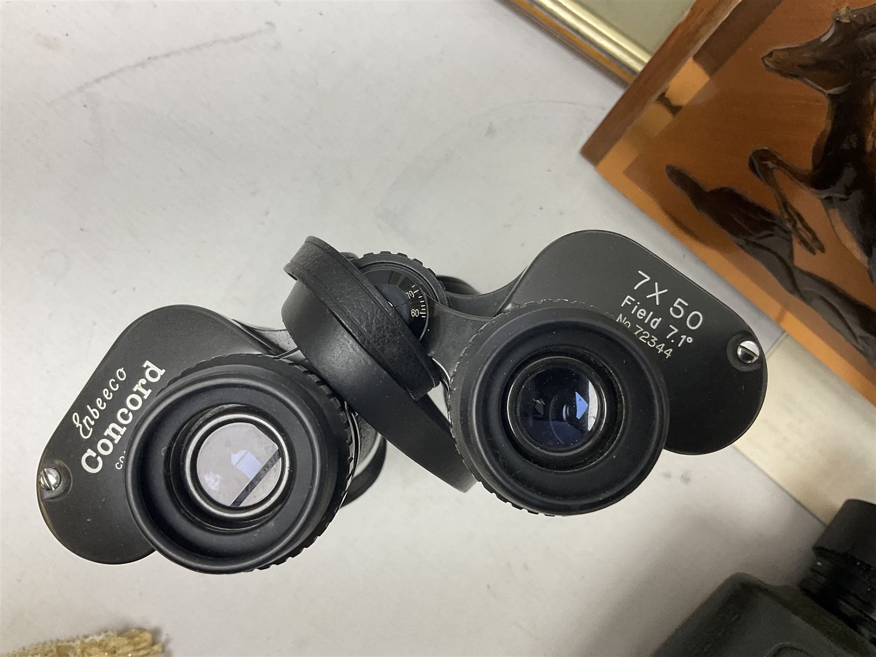Three pairs of binoculars to include Enbeeco Concord and Bresser, Palestine police patch, framed pictures etc