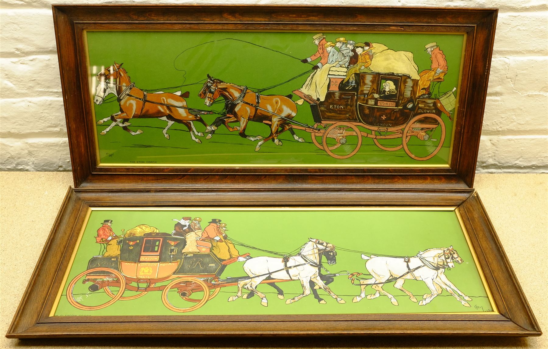 After Cecil Aldin (British 1870-1935): 'The Huntsman', 'The Whip', 'The Glasgow Coach' and 'The Eton Coach', set four chromolithographs, the first pub. Richard Wyman & Co, the others pub. Lawrence & Jellicoe, c.1907, 26cm x 69cm (4)