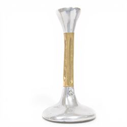 Set of David Marshall graduating candlesticks, brass and polished aluminium, makers mark impressed to stem, largest H26cm