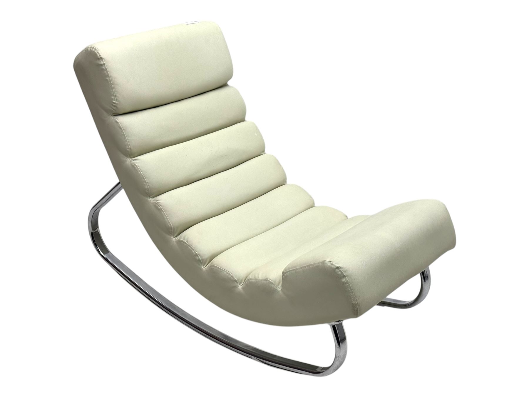 Cream leather modernist rocking chair, leather upholstery with horizontal channel stitching, supported by a chrome-plated tubular frame 