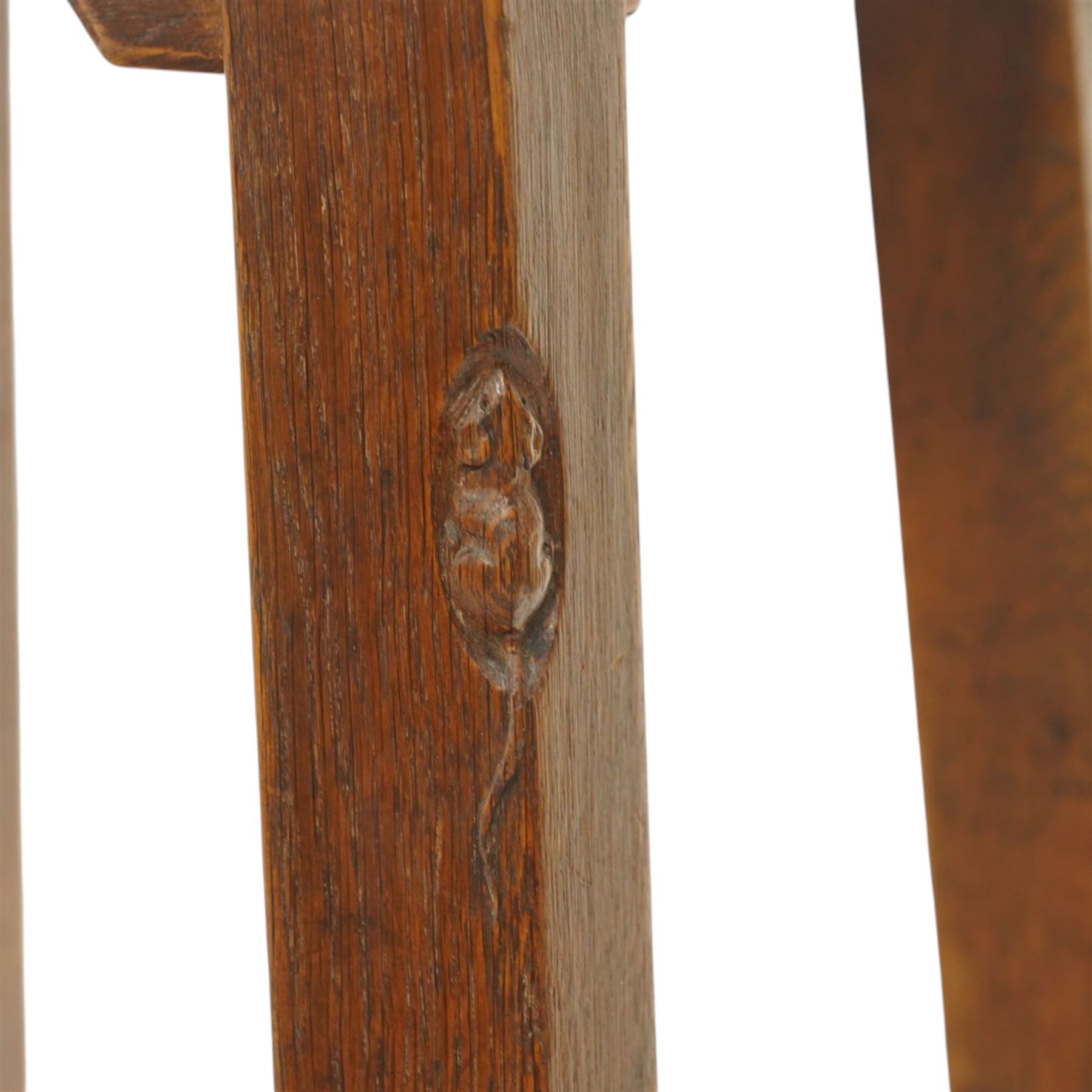 Mouseman - circa 1940/50's oak bar stool, dished square top with shaped apron, raised on four tapering square legs, joined by rails, with carved mouse signature, by Robert Thompson of Kilburn, initialled with provenance from the Old Hall, Thornton-le-Dale, North Yorkshire, further info to follow