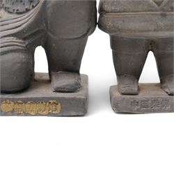 Three Chinese mud man figures, including man with fish, together with two terracotta warriors, H16cm