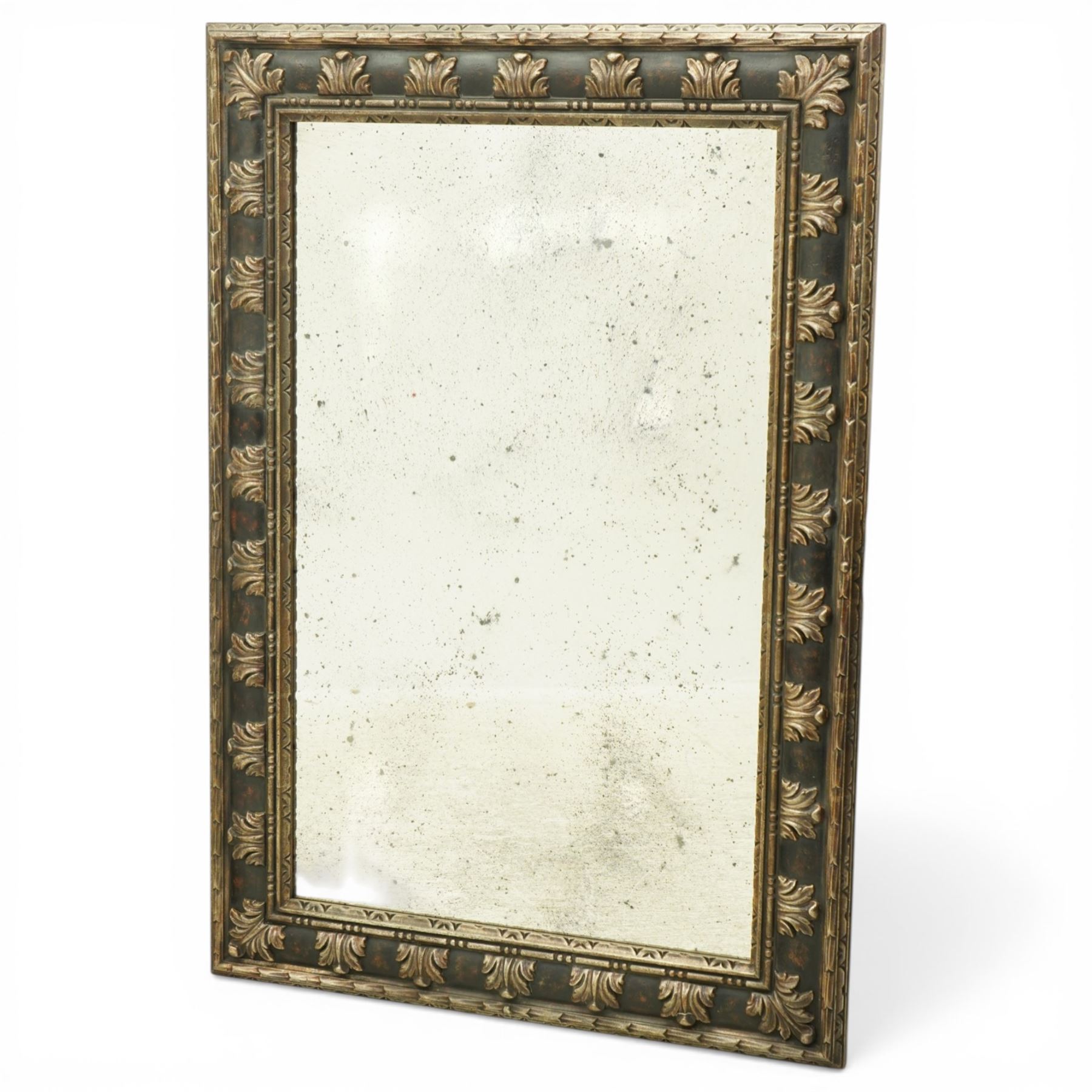 Modern neoclassical style wall mirror, rectangular plate with faux foxed and distressed finish, within a moulded frame decorated with repeating acanthus leaf blocks and beaded inner slip